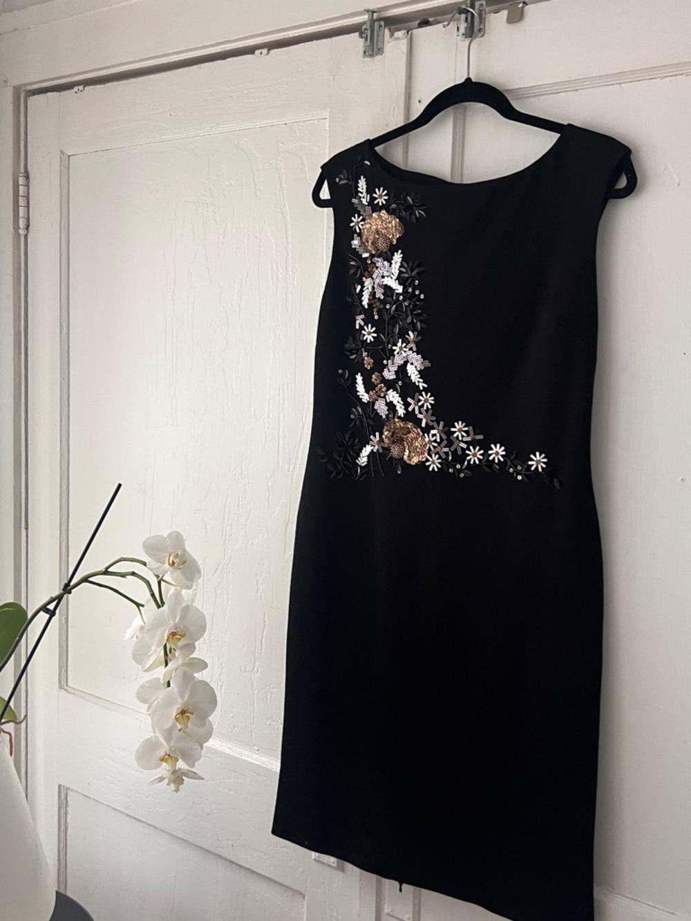 St. John Black Midi Dress with Gold & White Floral Embroidery